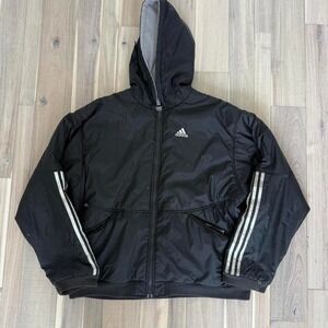 Y2K 1980s Adidas black puffer jacket with white stripes, Size L  HAS STAINS